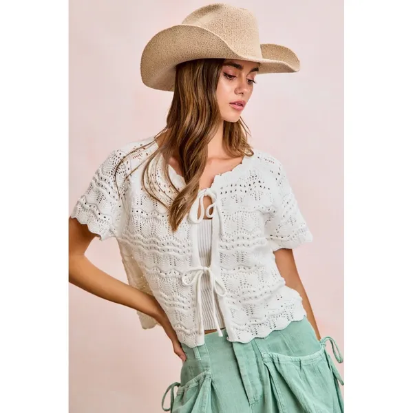 BiBi Front Bow Tie Detail Pointelle Knit Top - Ivory - XL - Image 4