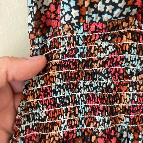 Rock & Roll Cowgirl Sz L Ditsy Floral Print Flowy Mini Dress Rust Copper Smocked Waist‎ - Image 6