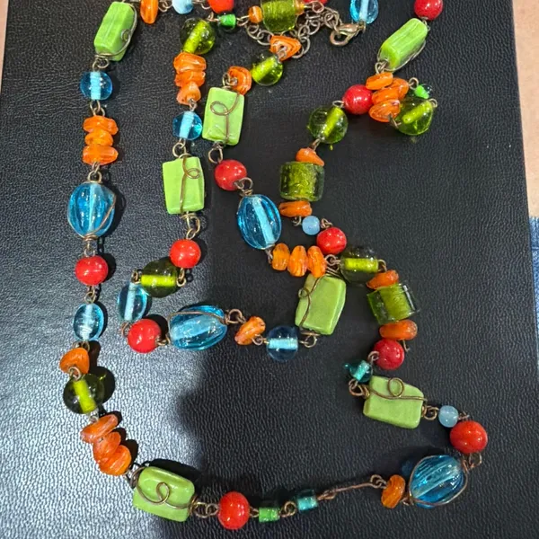 Vtg Lampwork Glass Bead Necklace Artisan Colorful Boho Long Y2K Indie Festival - Image 3