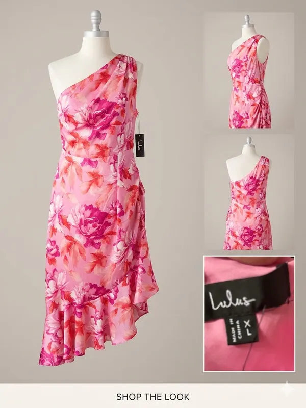 Lulu's Pink & Coral Floral One-Shoulder Midi Dress - Image 2