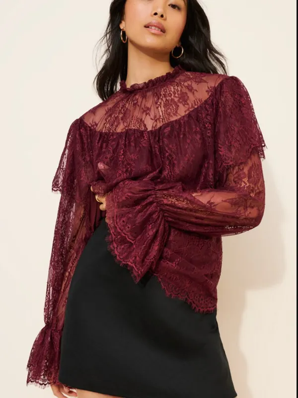Anthropologie Endless Rose Ruffled Lace Blouse Romantic Feminine Burgundy Top L - Image 2