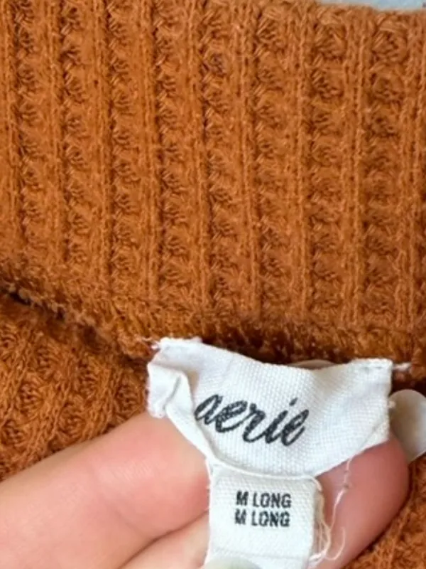 Aerie Orange Waffle Knit Wide Leg Pants Women's Medium Long - Image 3