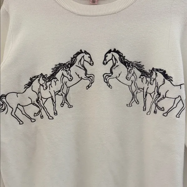 Philosophy White Crewneck Sweater with chocolate brown Horse Embroidery - Image 3