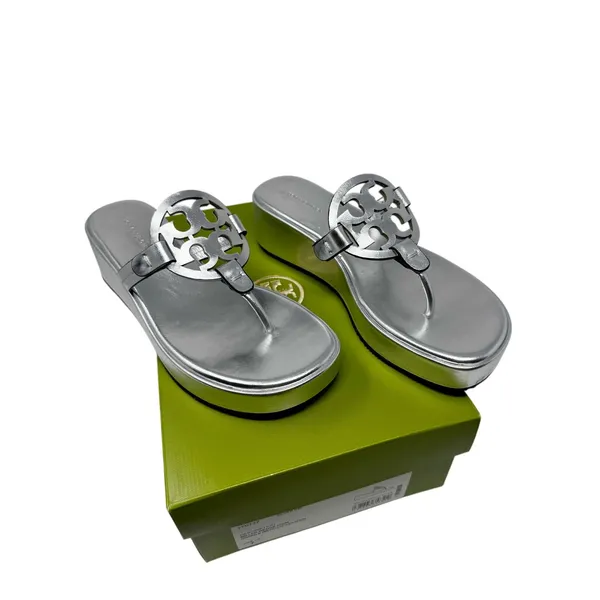 Tory Burch Miller Silver Metallic Leather Platform Wedge Sandals Logo Thong 7 - Image 8