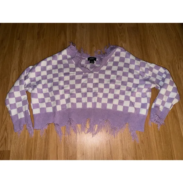 Just Polly New York Purple White Checkered Distressed Frayed V-Neck Sweater L - Image 2