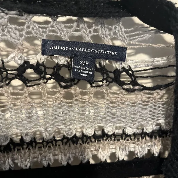 American Eagle Cardigan Sweater Women's S Crochet Open Front Black White Stripes - Image 4