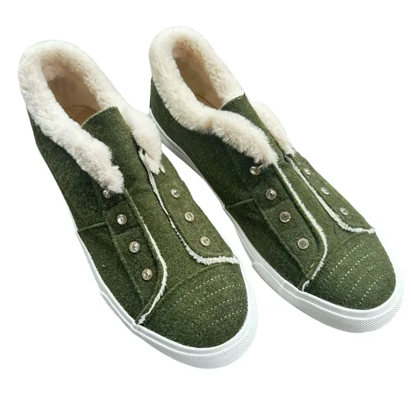 Isaac Mizrahi Live Size 12 Olive Faux Fur Crystal Fashion Sneakers - Image 3
