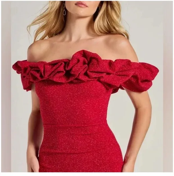 Red Ember Off-The-Shoulder Ruffle Glitter Party Dress HOCO - Image 2