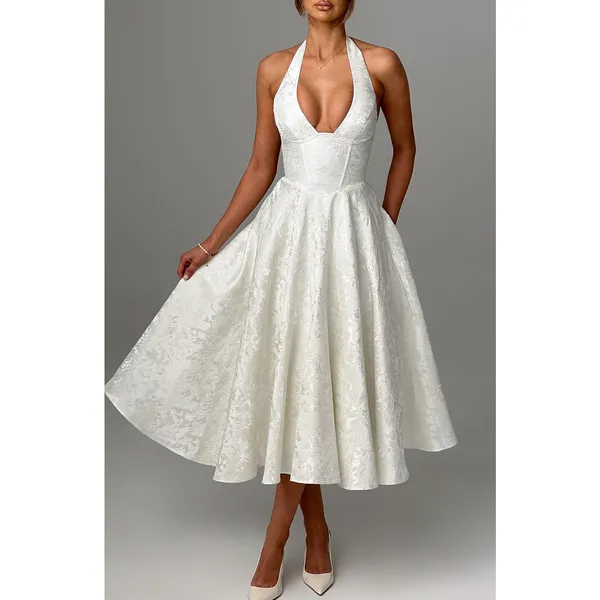 NWT Babyboo Effie Ivory Floral Jacquard Halter A-Line Midi Dress Womens Size M - Image 7