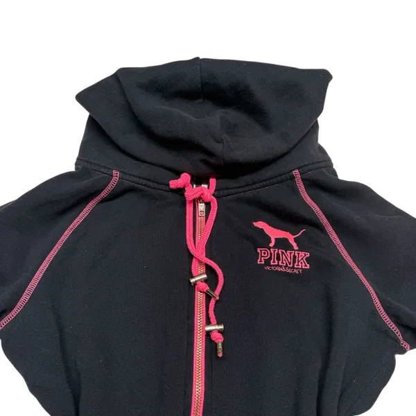 PINK Y2K Pink & Black Contrast Color Block Zip Up Hoodie Limited Edition - Image 2