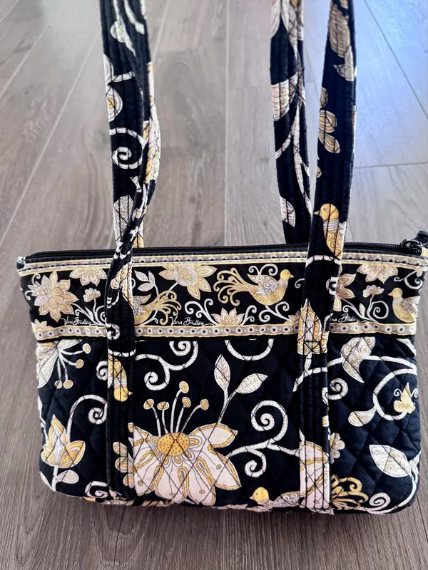 Vera Bradley Yellowbird Shoulder Bag Zip Top Retired Black Yellow Floral - Image 2