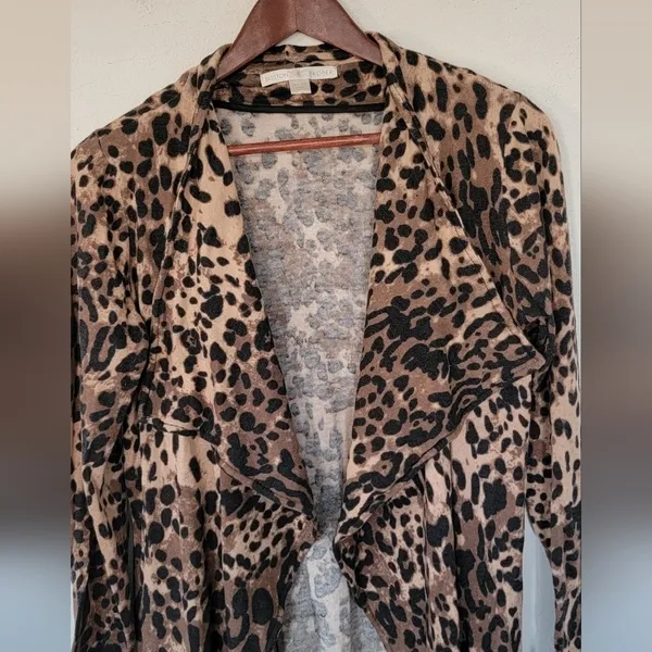 Boston Proper Cardigan Womens XS Brown Leopard Print Open‎ Front Waterfall Knit - Image 2