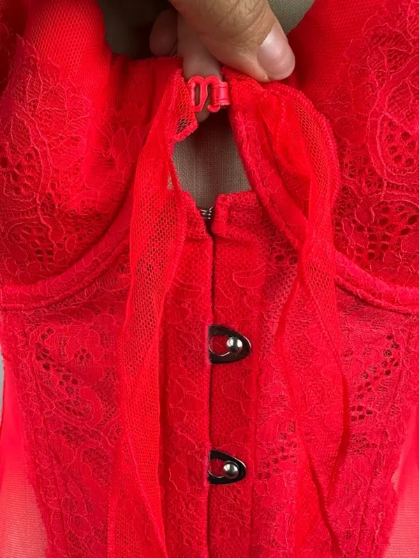 Victoria's Secret Red Lace Mesh Bustier Teddy 36C Y2K Ruffle - Image 9