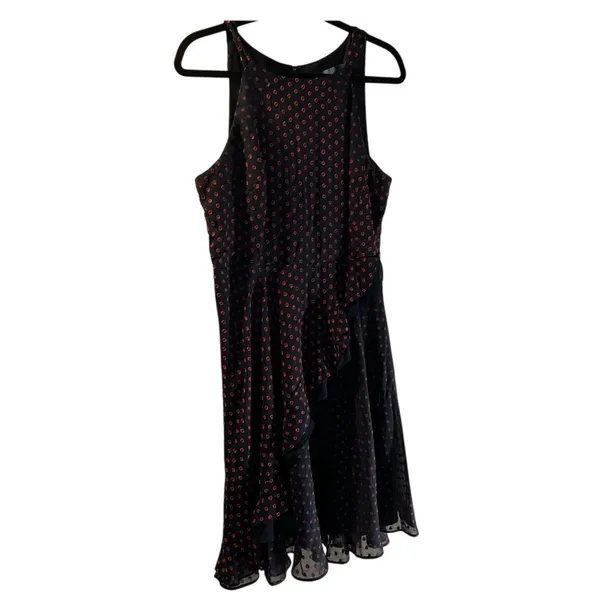 Eva Franco Womens 14‎ Polka Dot Ruffle Fit & Flare Dress Navy Red Keyhole Back - Image 2