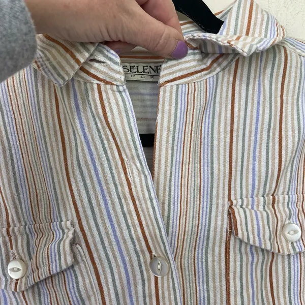 Selene Sport Vintage Linen Rayon Striped Roll Tab Sleeve Button Up Shirt ~ Sz L - Image 6
