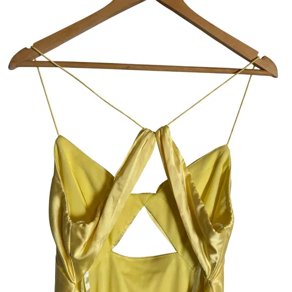 Mac Duggal Yellow Satin Twist Front Cut Out Slip Maxi Formal Gown Size 6 - Image 11