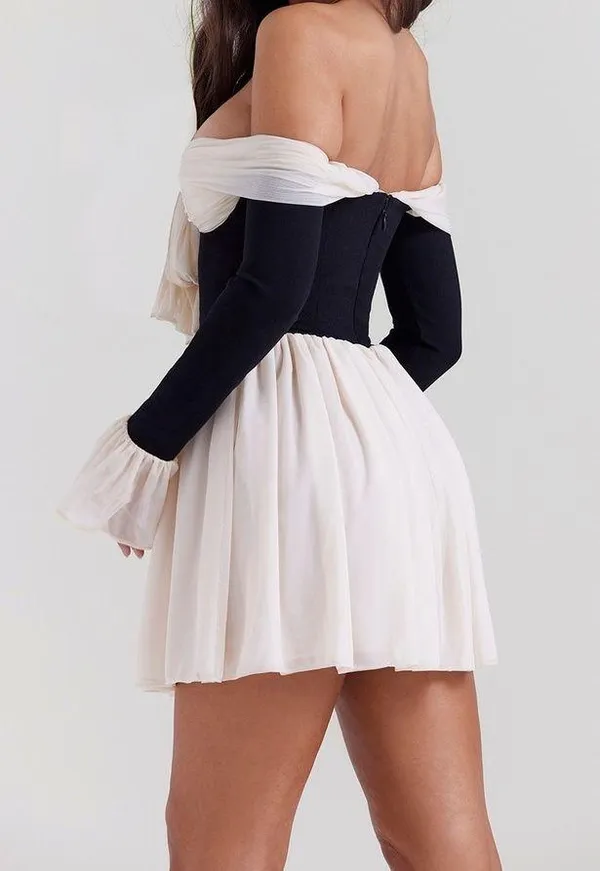House Of CB Alana Black & Cream Off Shoulder Dress - Image 2
