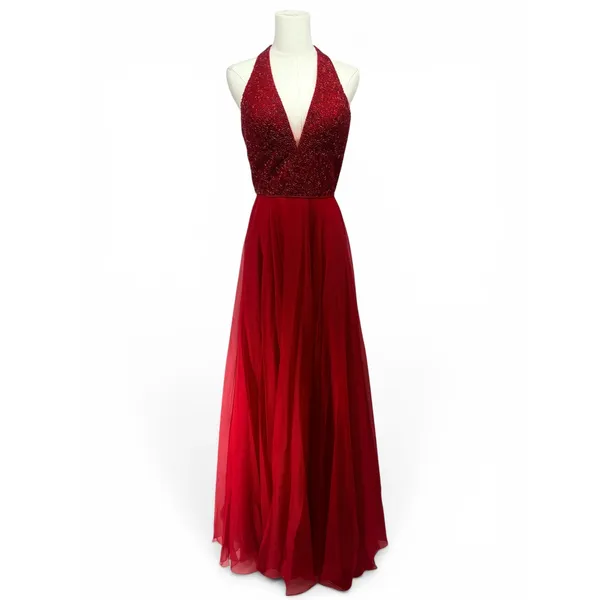 Sherri‎ Hill 51640 Red Sequin Halter Chiffon Gown Size 8 NWT Retail $480 - Image 4