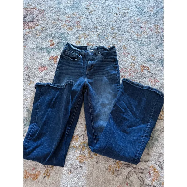BKE Billie Slim Fit High Rise Flare Jeans Dark Wash Raw Hem 26x31.5 - Image 2