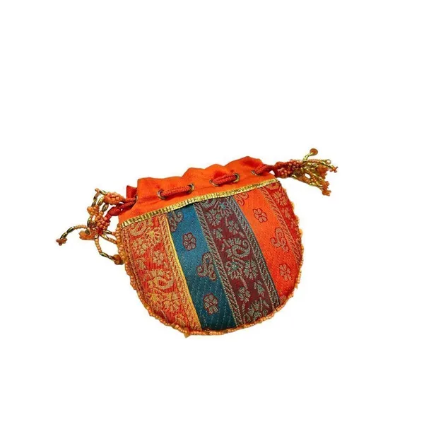 Orange beaded Indian drawstring jewelry/cosmetic pouch - beaded one side - desig - Image 2
