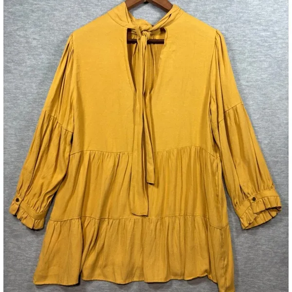 Maeve Anthropologie Mustard Goldie‎ Tiered Tunic Top Tie Neck Back Sz S - Image 2