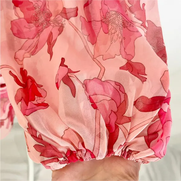New Floral Print Twist Keyhole Front Long Sleeve Dress Pink Size XL - Image 13