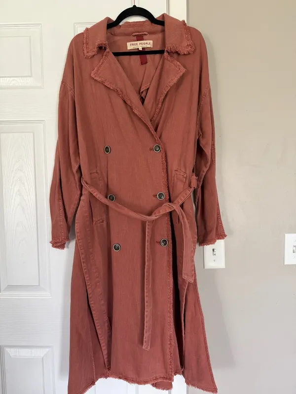 Free People Dusty Rose Long Coat Jacket Belted Double Breasted Trench Coat - Image 8