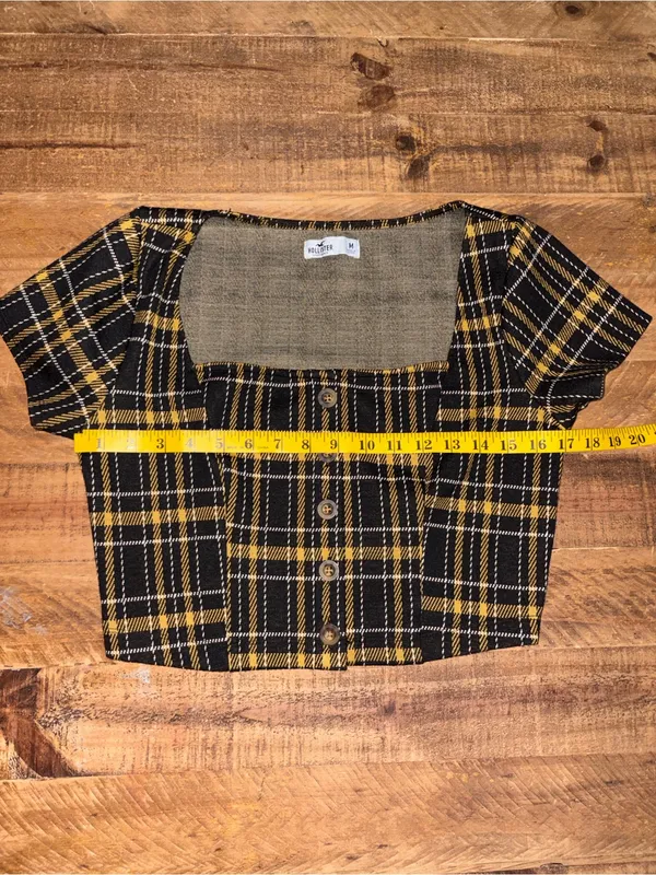 Hollister Black & Mustard Plaid Square-Neck Crop Top - Image 5