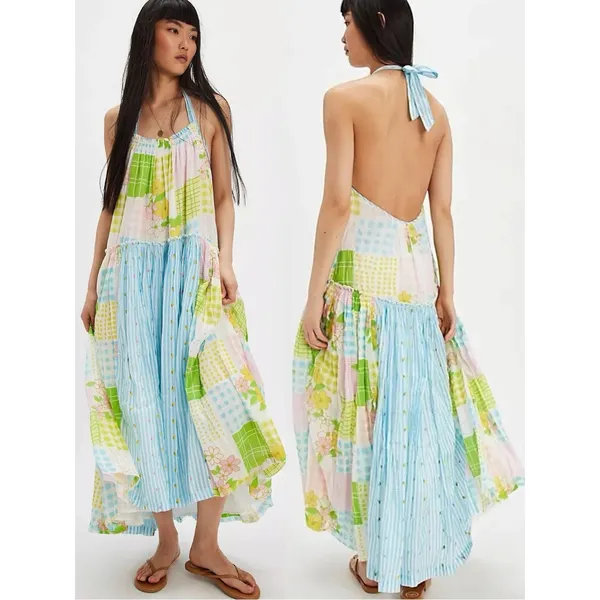 Free People Cottage Embroidered Patched And Pretty Halter Midi Maxi Dress Medium - Image 3