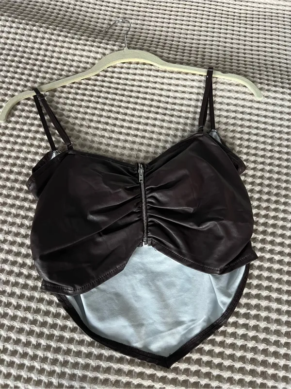 Tic Toc Girls Faux Leather Brown One-Piece top with Twist Front - Image 3
