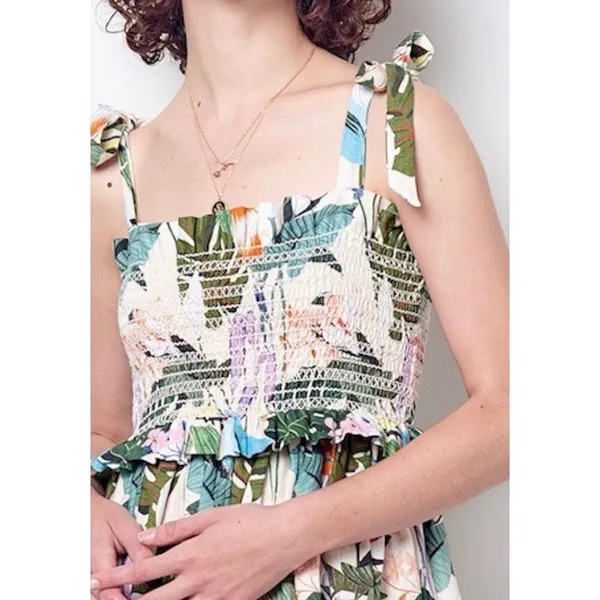 Anthropologie Corey Lynn Calter Olivia Tropical Bird linen smocked midi dress M - Image 11