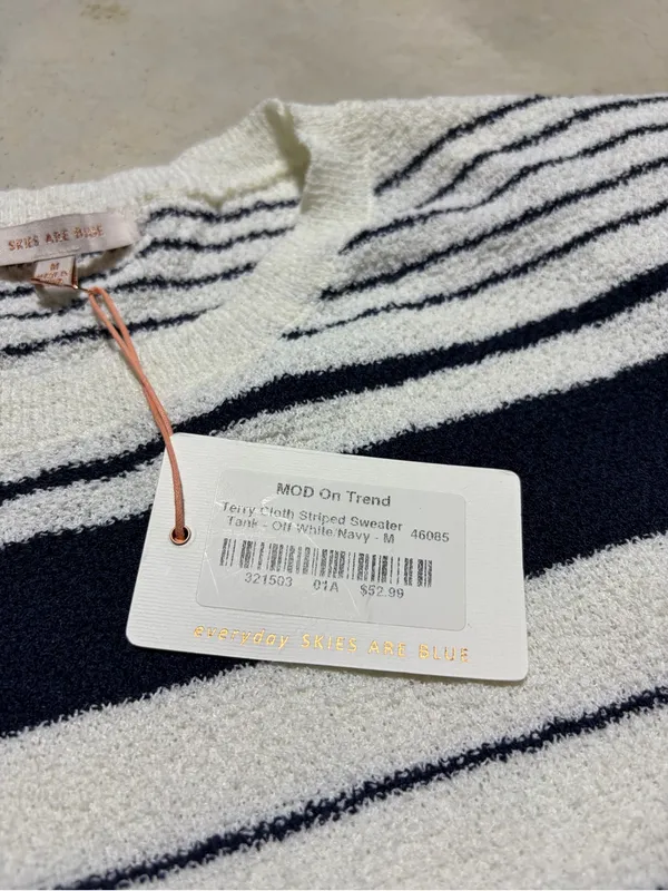Skies are blue NWT terry cloth Striped Sweater tank navy medium MSRP$53 - Image 3