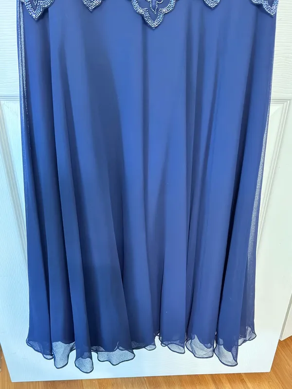 Laurence Kazar Navy Beaded Evening Dress Maxi Gown Sheer Overlay Formal M - Image 5