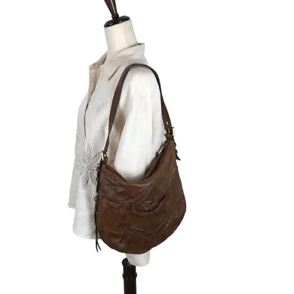 Hobo‎ International Brand Camel Leather Shoulder Bag with Blue Floral Liner - Image 5