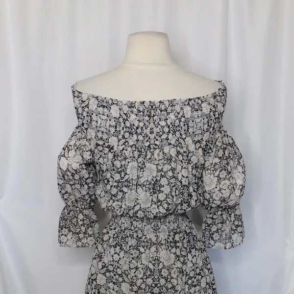 MISA Los Angeles Floral Smocked Midi Dress Black Gray Pink‎ Off Shoulder X-Small - Image 10