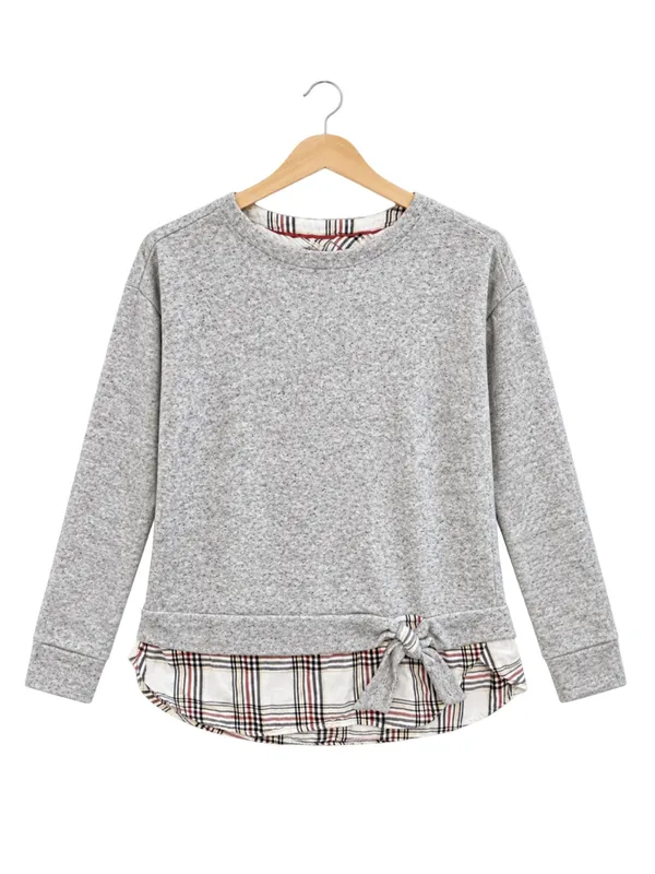 IZOD Cottagecore preppy southern soft crewneck top W layered plaid tie detail L - Image 2