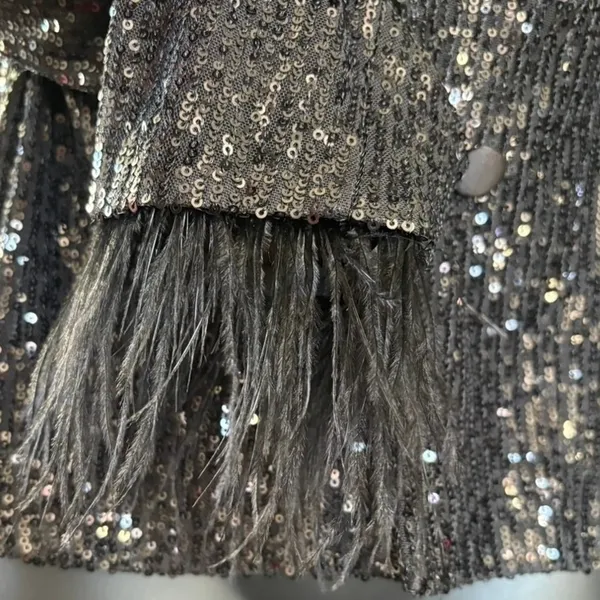 Nanette Lepore‎ Sequin Jacket Sz M Black Ostrich Feather Trim NYE Holiday Party - Image 2