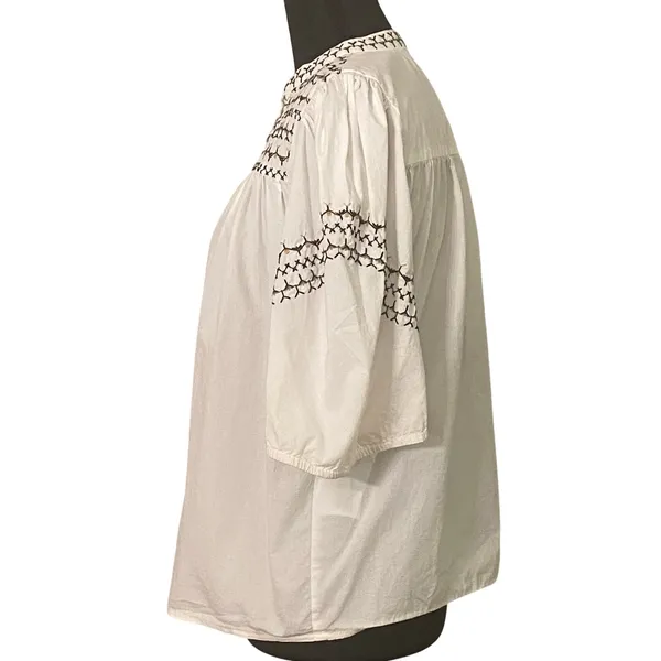 Calligraphie White Embroidered Peasant Blouse Cotton Boho Puff Sleeve Top Small - Image 2