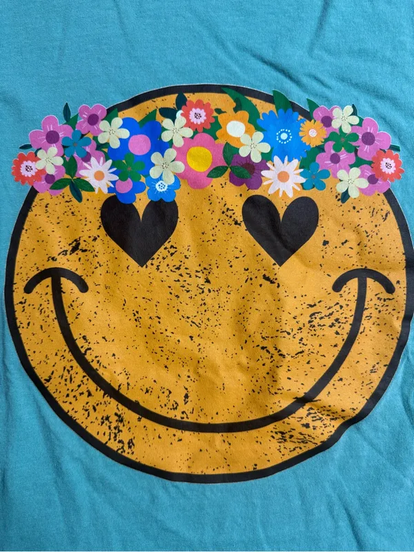 Comfort Colors Turquoise Smiley Face Tee with Floral Crown - Image 4