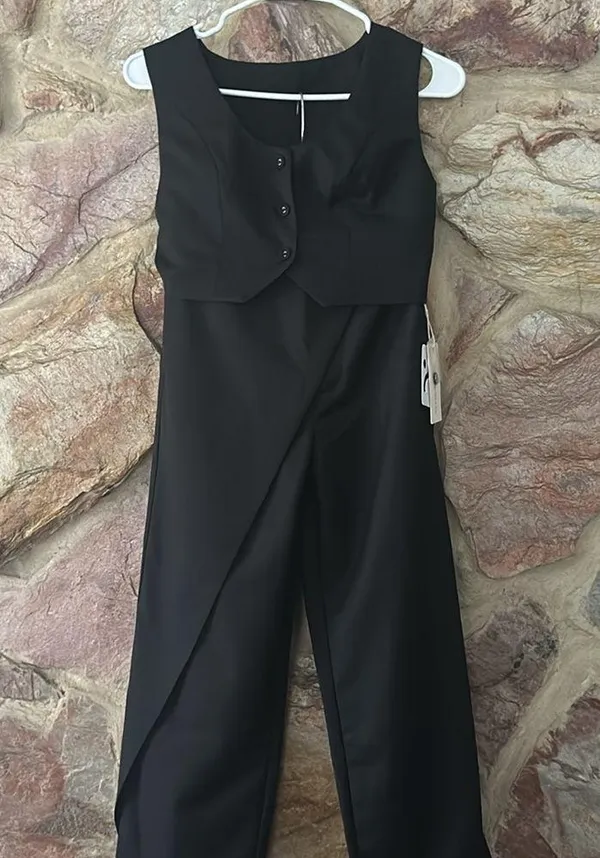 Commense Solid Asymmetrical Straight Leg Pants Set size xs Black - Image 3