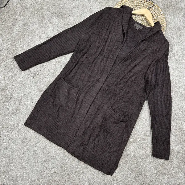 Barefoot Dreams CozyChic Lite Relaxed Hooded Cardigan Open Front Pockets Brown L - Image 3