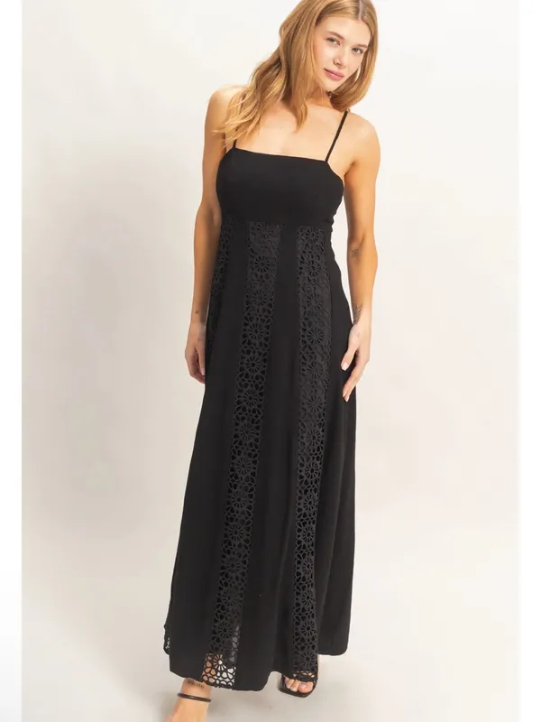 NEW HYFVE Black Linen Blend Lace Panel Maxi Dress – Large - Image 6