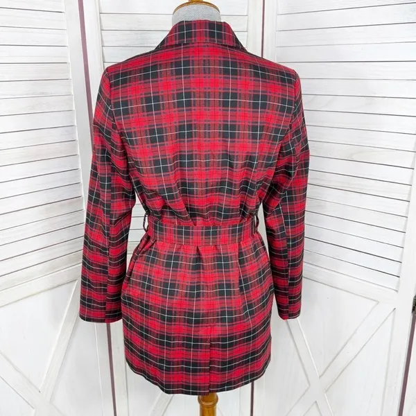 BeFree Tartan Plaid Double Breasted Tie Waist Trench‎ Overcoat Red XS - Image 4