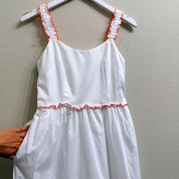 J.Crew White Cotton Scalloped-Trim‎ Tiered Midi Dress Size 0 Pockets Resortwear - Image 6