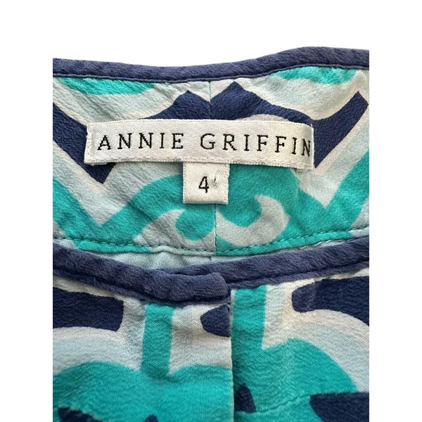 Annie Griffin Shorts Women's Sz 4 100% Silk‎ Blue White Geometric Print #BB12-4 - Image 2