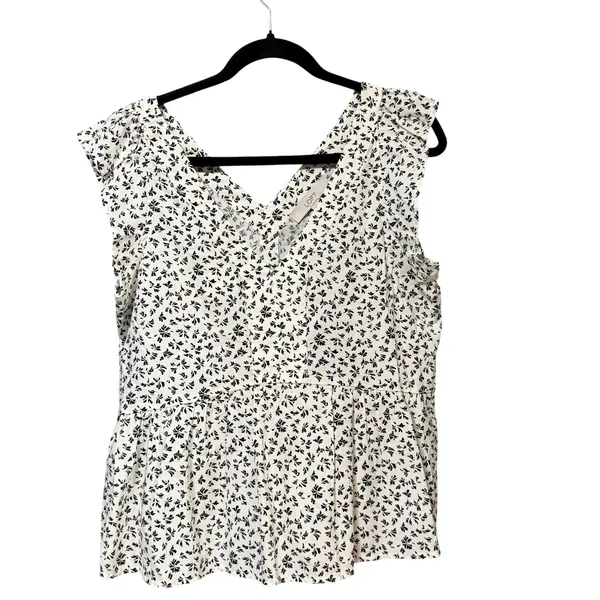 LOFT Womens Small White Black Floral Ruffle Cap Sleeve V-Neck Peplum Blouse Top - Image 2