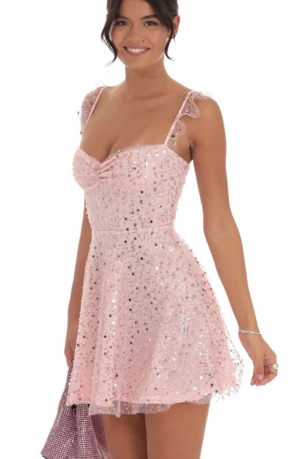 Lucy in the Sky Pink Sparkly Mini Dress Sequin Ruffle Strap Tie Back Homecoming Dress - Image 3