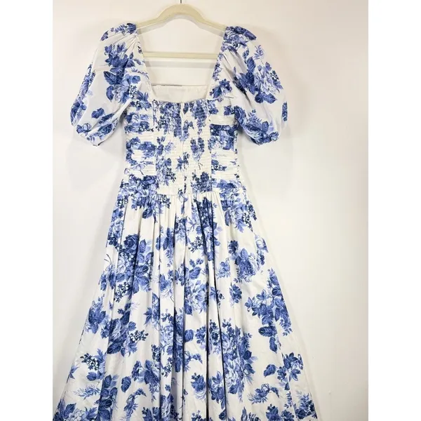 Abercrombie Fitch Midi Dress Blue Emerson Poplin Floral Puffed Pleated Boho XS - Image 9