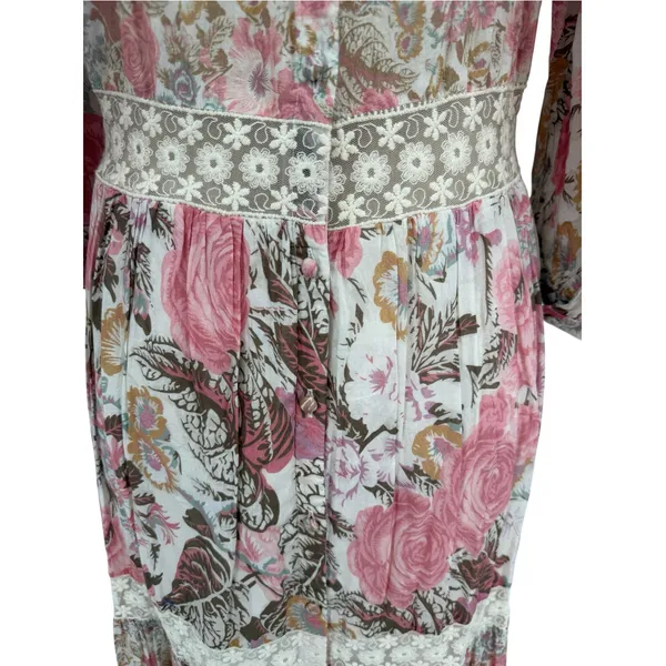 LoveShackFancy Evren Floral Lace Trim Puff Sleeve Cotton Maxi Dress Pink Small - Image 9