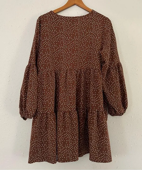 🦋 Brown White Polka Dot Ruffle Long Sleeve Baloon Sleeve Mini Dress Fall XL - Image 4